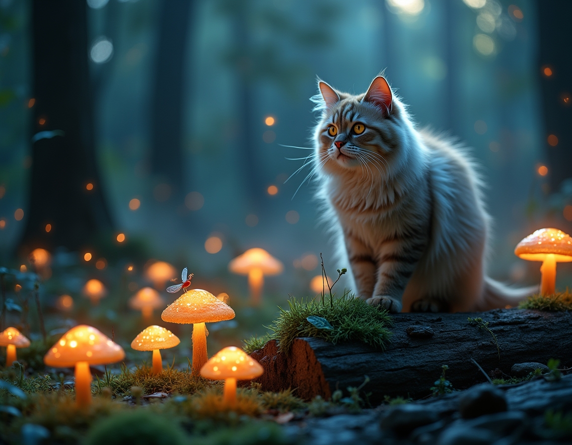 Cat explores a twilight forest alive with bioluminescent mushrooms, sparkling fireflies, and fluttering fairies. The scene captures a sense of enchantment and mystery under the soft glow of moonlight.