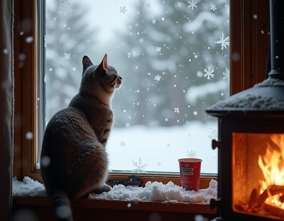 Cat looks out a frosted window at the snowy world outside, while the cozy warmth of the cabin and the glow of the fireplace create a peaceful, inviting atmosphere.
