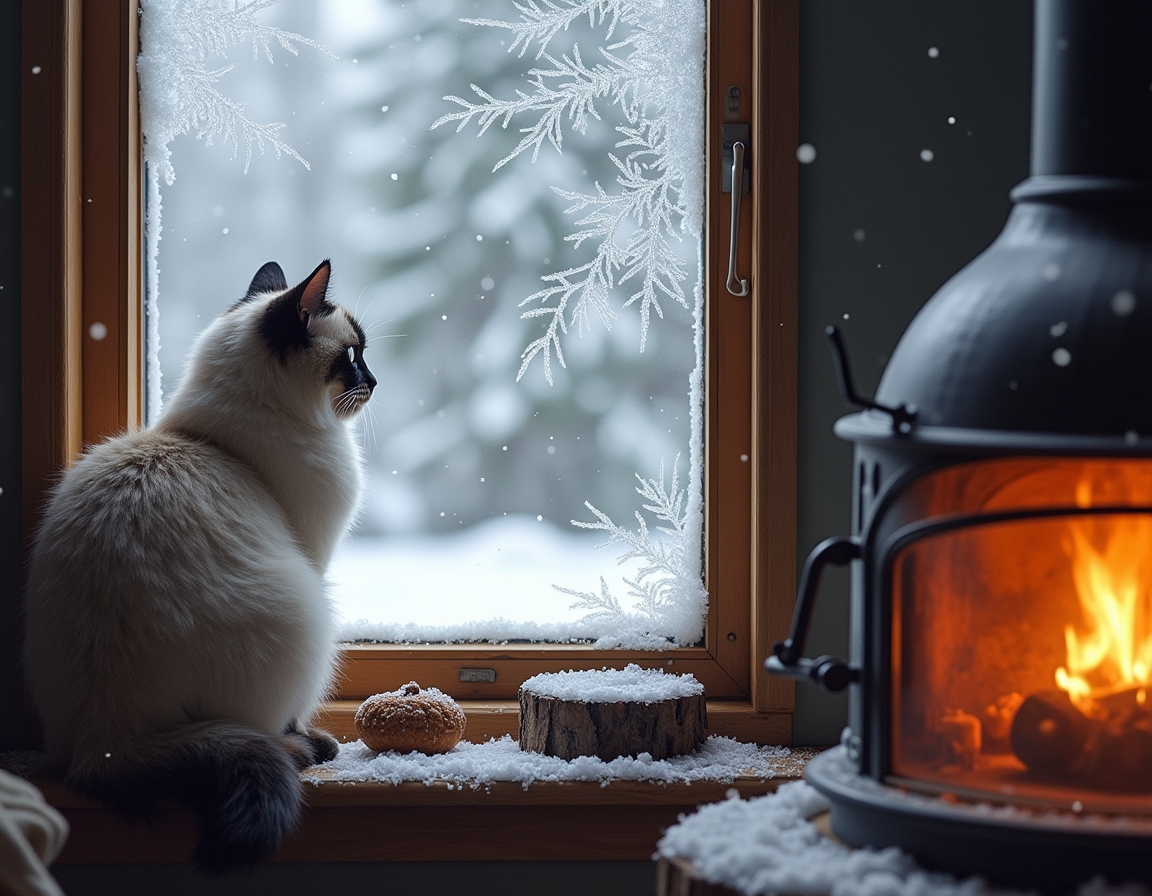 Cat looks out a frosted window at the snowy world outside, while the cozy warmth of the cabin and the glow of the fireplace create a peaceful, inviting atmosphere.