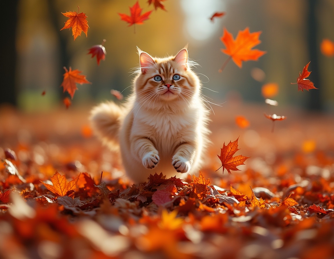 Cat jumps joyfully into a pile of autumn leaves, scattering vibrant colors and radiating playful energy.