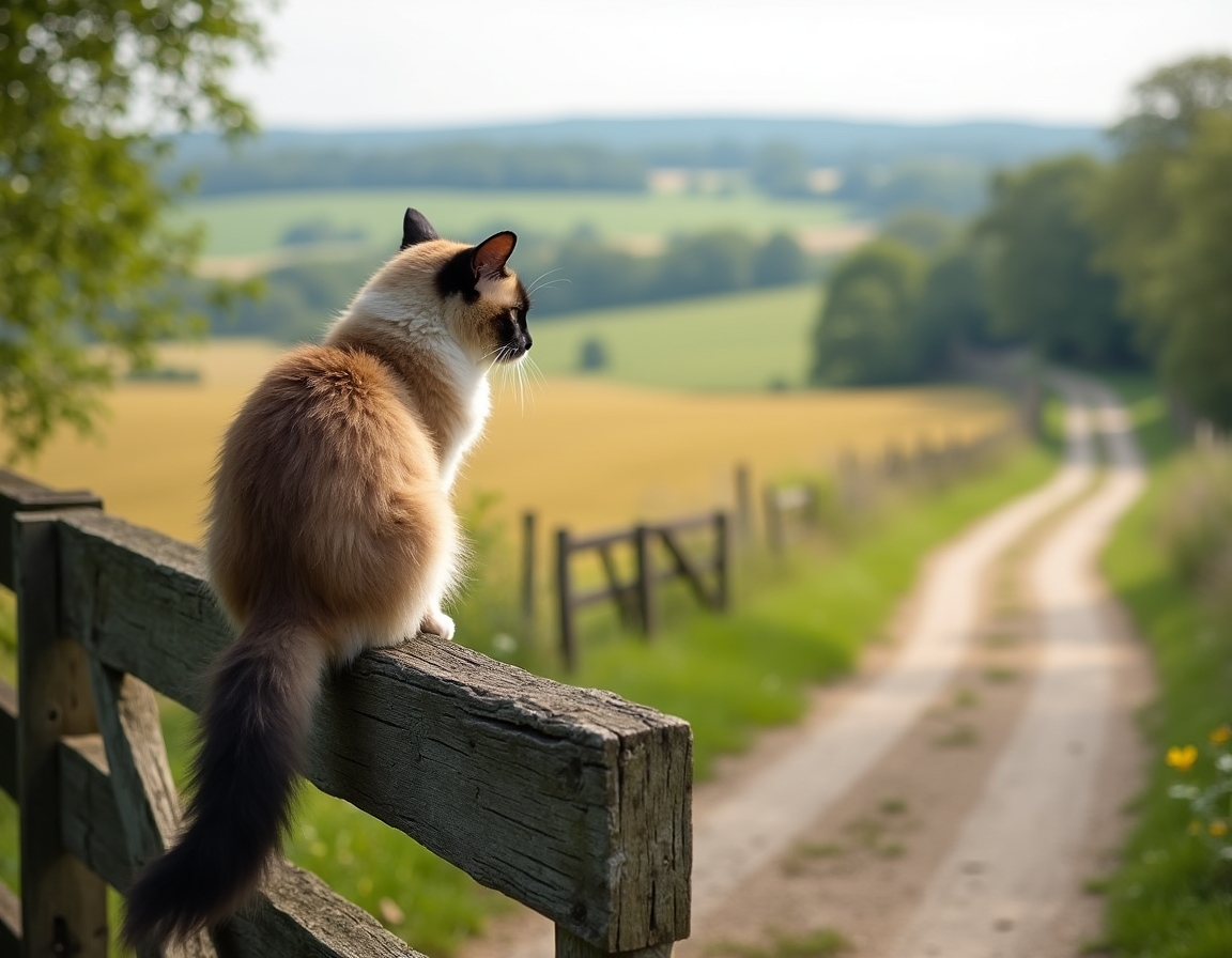 Cat gazes at the quiet beauty of a country road, framed by a weathered wooden gate.