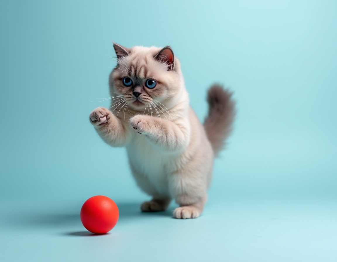 Playful studio photo of cat interacting with a bright red ball. The cat is mid-action with its paw raised, and the pastel blue background and balanced lighting create a cheerful, vibrant atmosphere that highlights the cat’s agility and energy.
