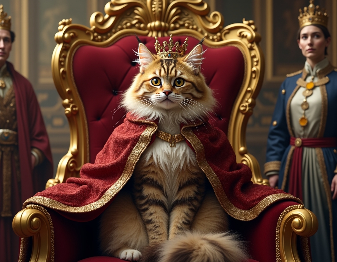 Cat poses regally on a golden throne inside a castle, wearing a crown and cape. Ornate royal decorations surround the scene.