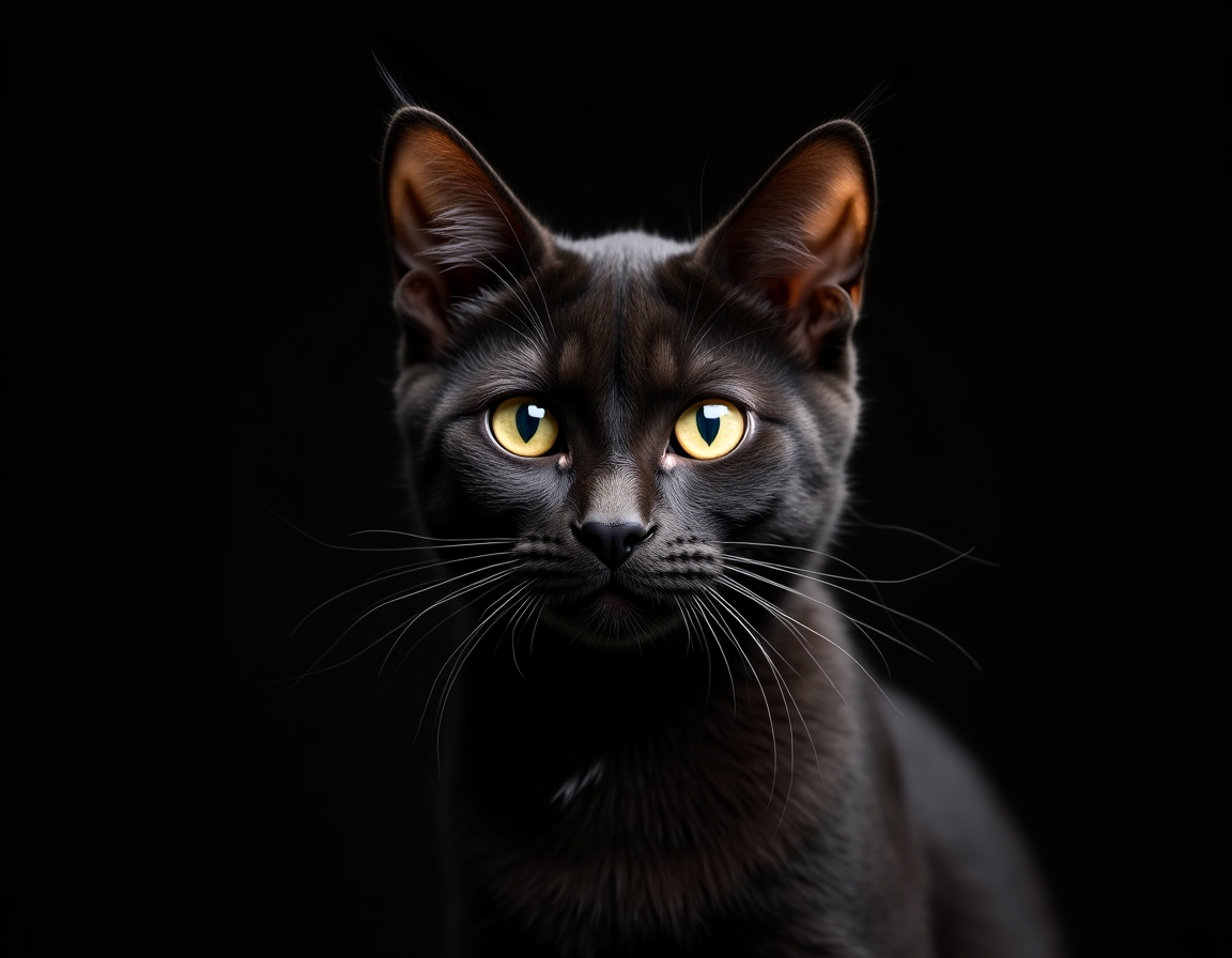 Close-up portrait of cat on a black background, with its alert expression and intricate details of its fur and whiskers in sharp focus.