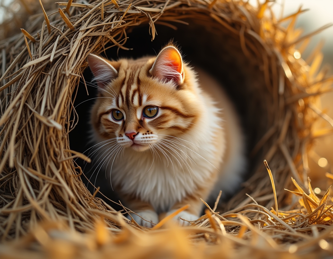 Cat finds a cozy nook within a haystack, soaking in the warmth and calm of the farm.