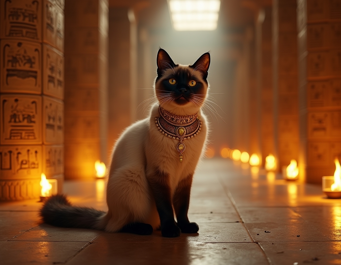 Cat dressed in luxurious golden regalia sits in an ancient Egyptian temple at night, surrounded by hieroglyphs and lit torches. The cat exudes the aura of a revered feline goddess, capturing the timeless majesty of ancient Egypt.
