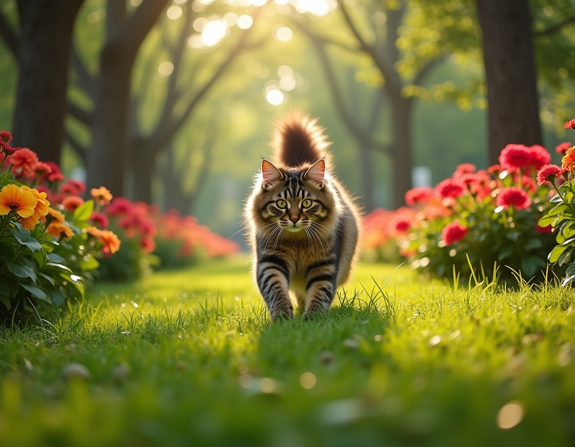 Cat enjoys a lively city park, playing and exploring the greenery amidst the urban backdrop.