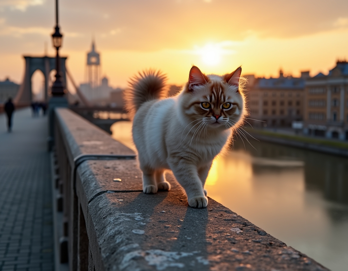 Cat explores a scenic urban bridge, taking in the breathtaking views of the skyline.