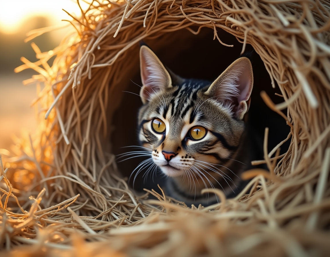Cat finds a cozy nook within a haystack, soaking in the warmth and calm of the farm.