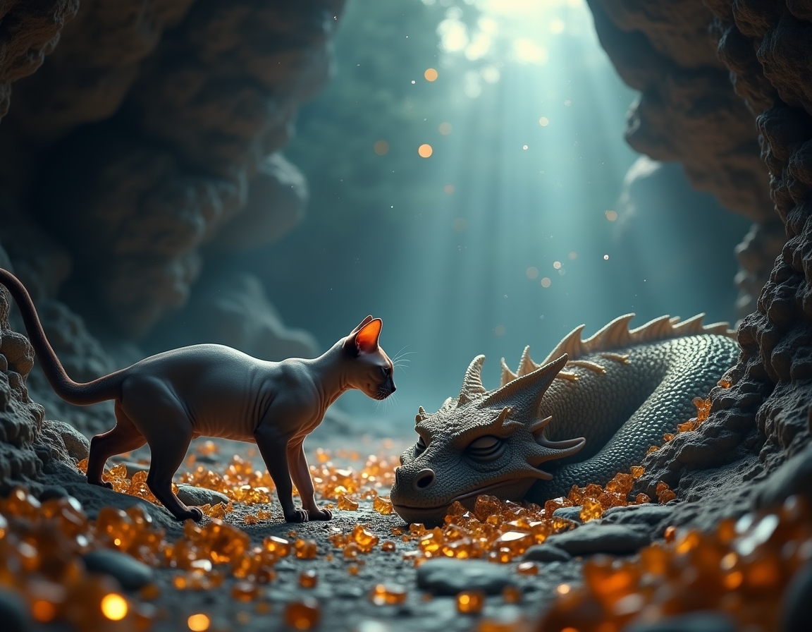 Cat explores a hidden cavern where a dragon slumbers among piles of glittering gems. Subtle beams of light illuminate the cat’s cautious journey through this fantastical realm.