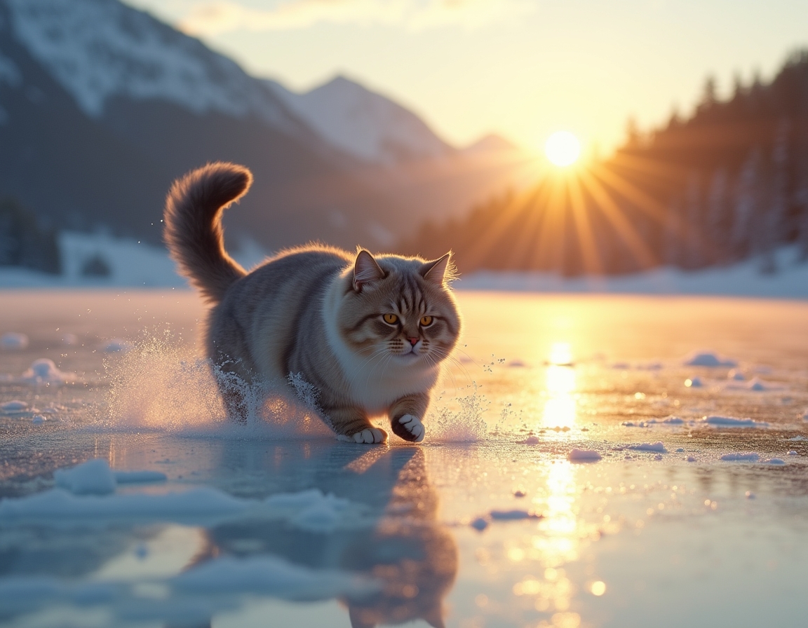 Cat enjoys a playful glide across a frozen lake, surrounded by snow-covered trees and distant mountains, with the soft glow of the setting sun reflecting off the ice.

