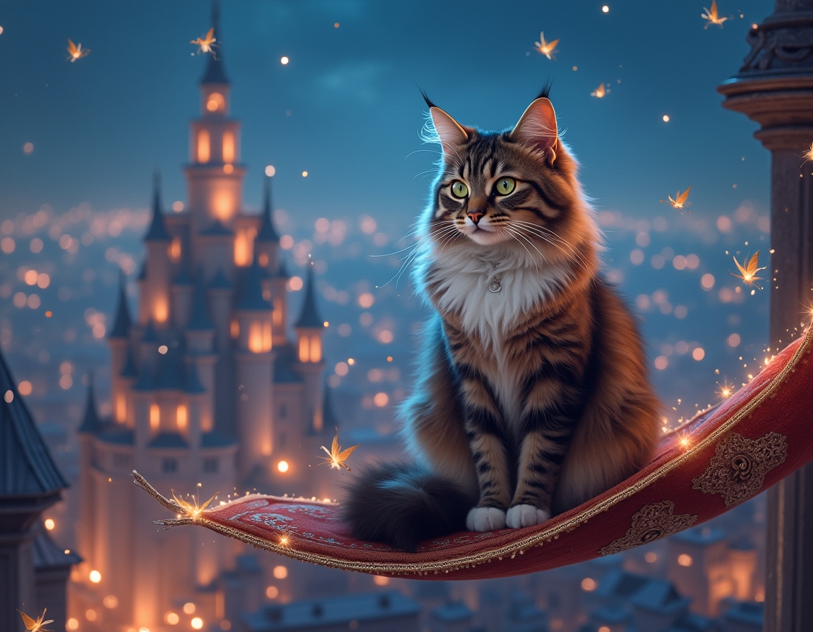 Cat sits on a flying carpet, soaring above a magical city illuminated by sparkling lights. The cat gazes at shimmering buildings and magical creatures floating around it