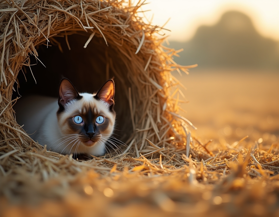Cat finds a cozy nook within a haystack, soaking in the warmth and calm of the farm.