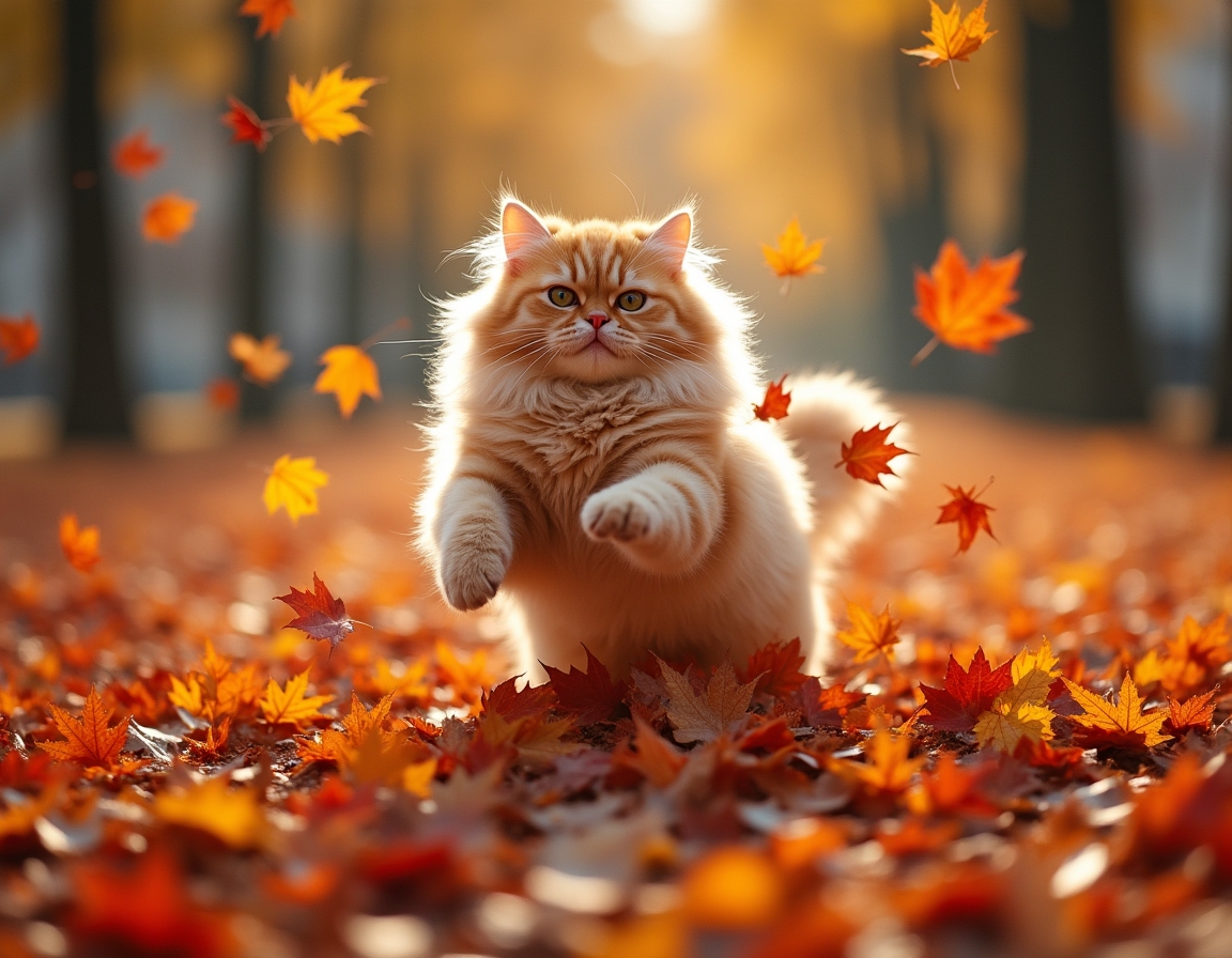 Cat jumps joyfully into a pile of autumn leaves, scattering vibrant colors and radiating playful energy.