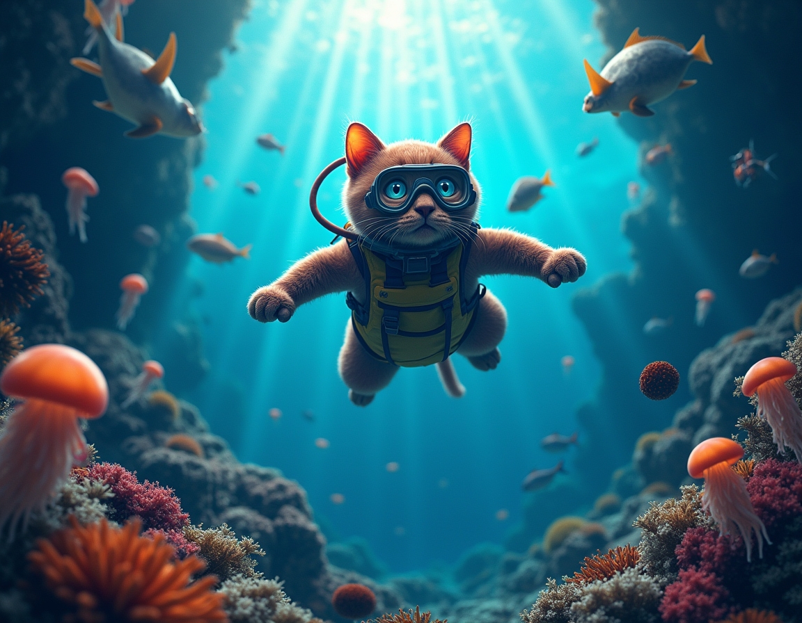 Cat in a wetsuit and diving mask swims through a vibrant underwater scene, surrounded by glowing jellyfish, colorful fish, and coral reefs illuminated by sunlight.