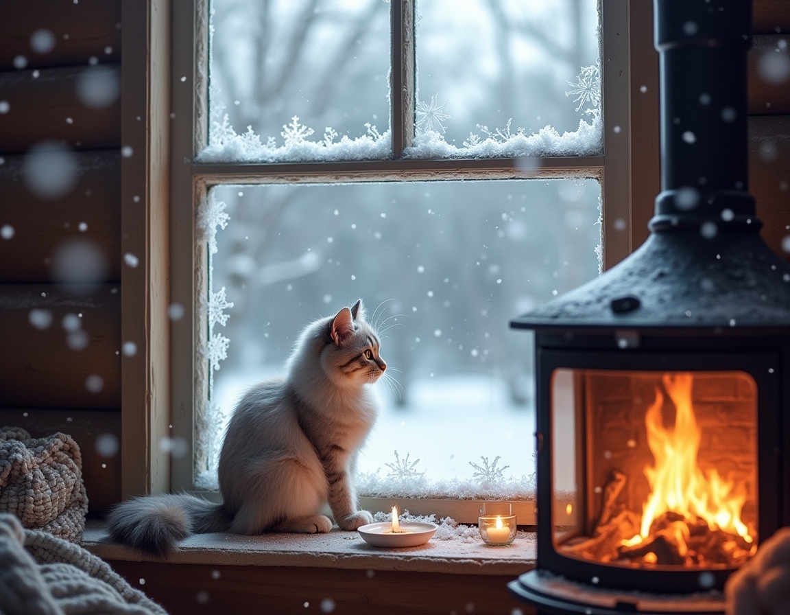 Cat looks out a frosted window at the snowy world outside, while the cozy warmth of the cabin and the glow of the fireplace create a peaceful, inviting atmosphere.