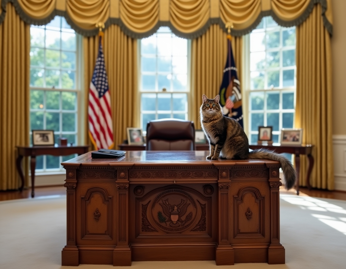 Cat perched on the Resolute Desk in the Oval Office, basking in the dignified atmosphere of the new administration.