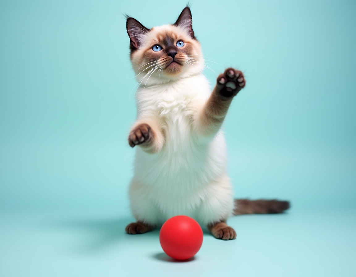 Playful studio photo of cat interacting with a bright red ball. The cat is mid-action with its paw raised, and the pastel blue background and balanced lighting create a cheerful, vibrant atmosphere that highlights the cat’s agility and energy.