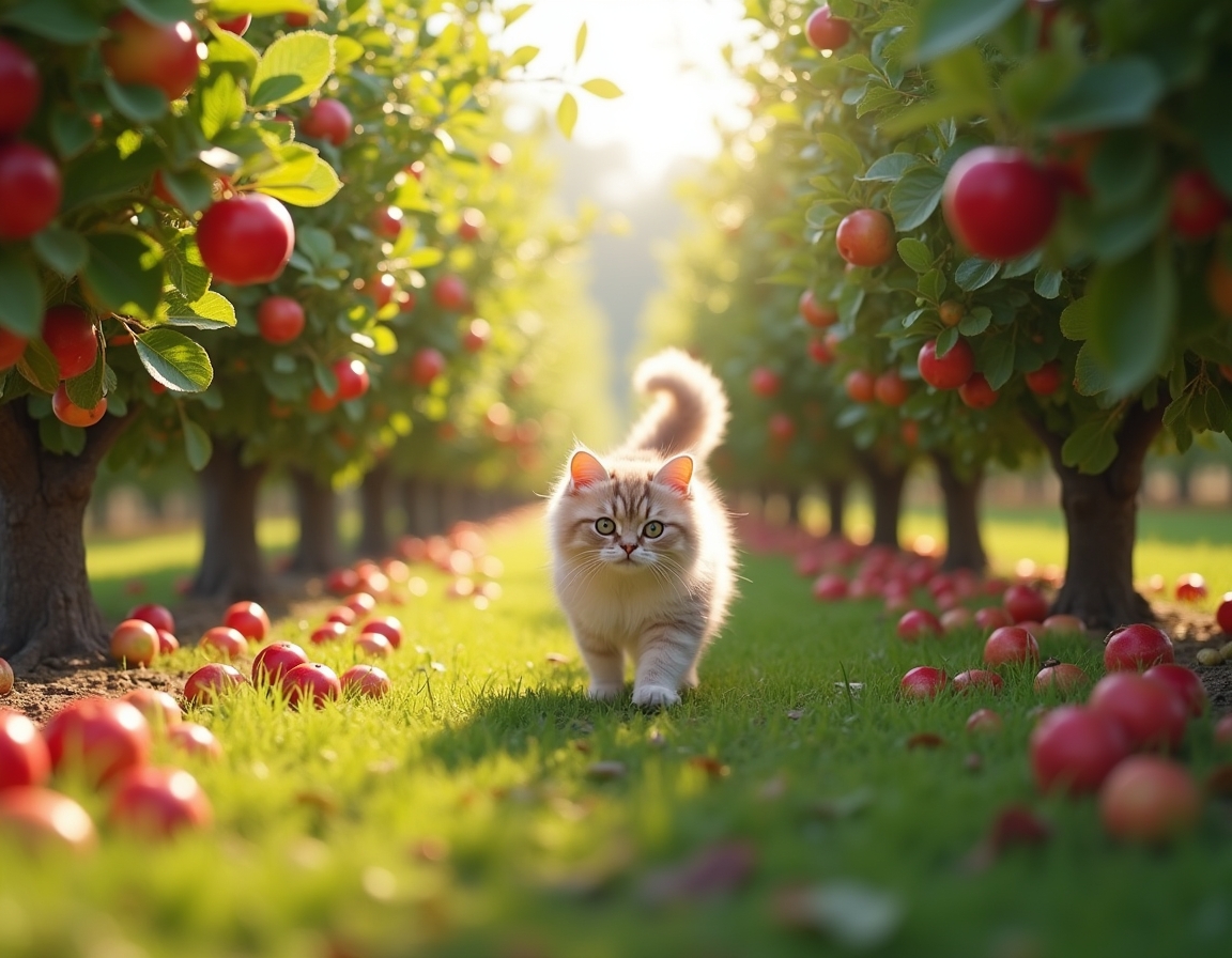 Cat explores an orchard filled with fragrant fruit and dappled sunlight.