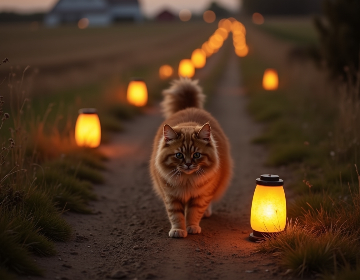 Cat enjoys a quiet walk along a farm path, illuminated by the soft glow of evening lanterns.