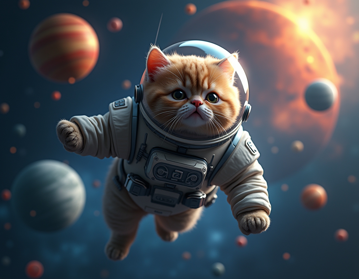 Cat floats weightlessly in space, wearing a high-tech spacesuit. Vibrant planets, shining stars, and distant nebulae create a stunning cosmic backdrop.