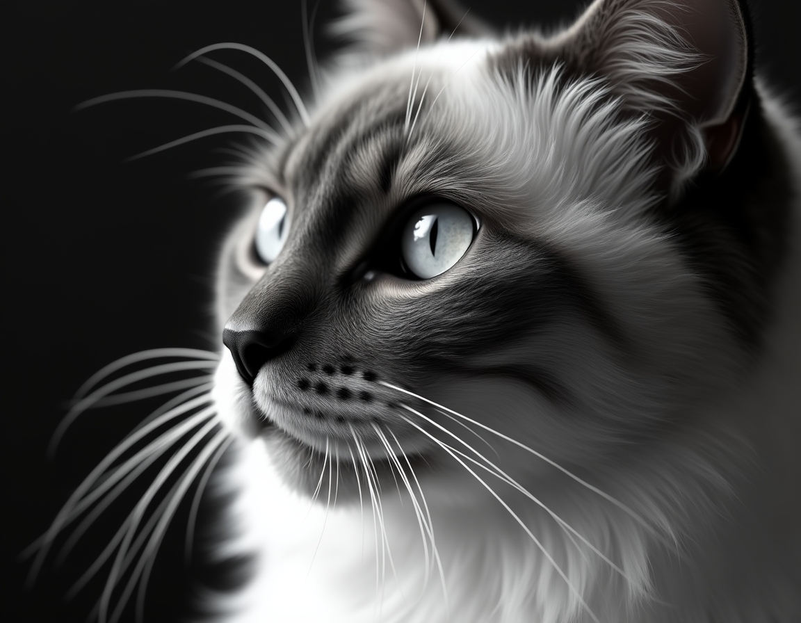 Close-up black and white studio portrait of a cat’s face, lit with soft diffused light. Every whisker, eyelash, and fur strand is rendered in hyper-detailed monochrome.