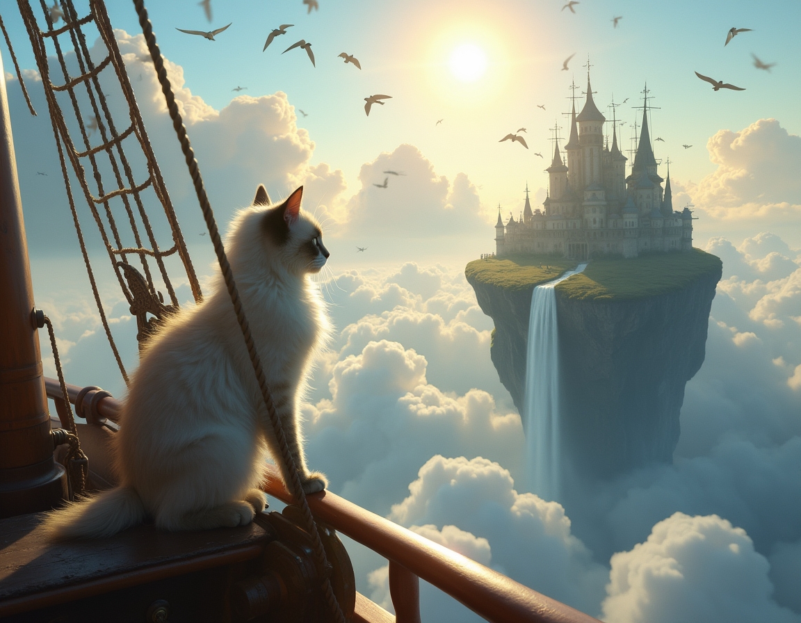Cat captains a floating pirate ship that navigates between massive cloud-islands. Waterfalls spill over island edges, and mysterious winged creatures soar among the clouds, creating a thrilling, airborne fantasy voyage.