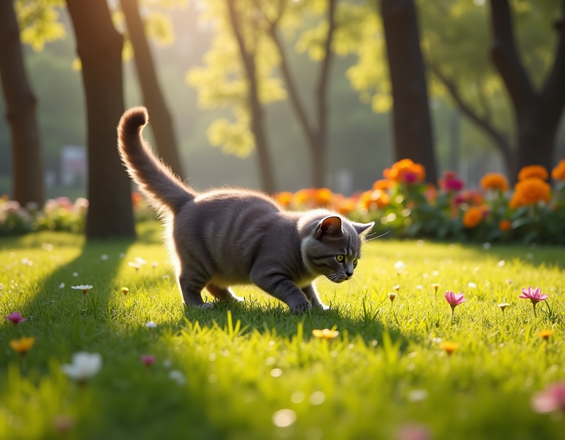 Cat enjoys a lively city park, playing and exploring the greenery amidst the urban backdrop.