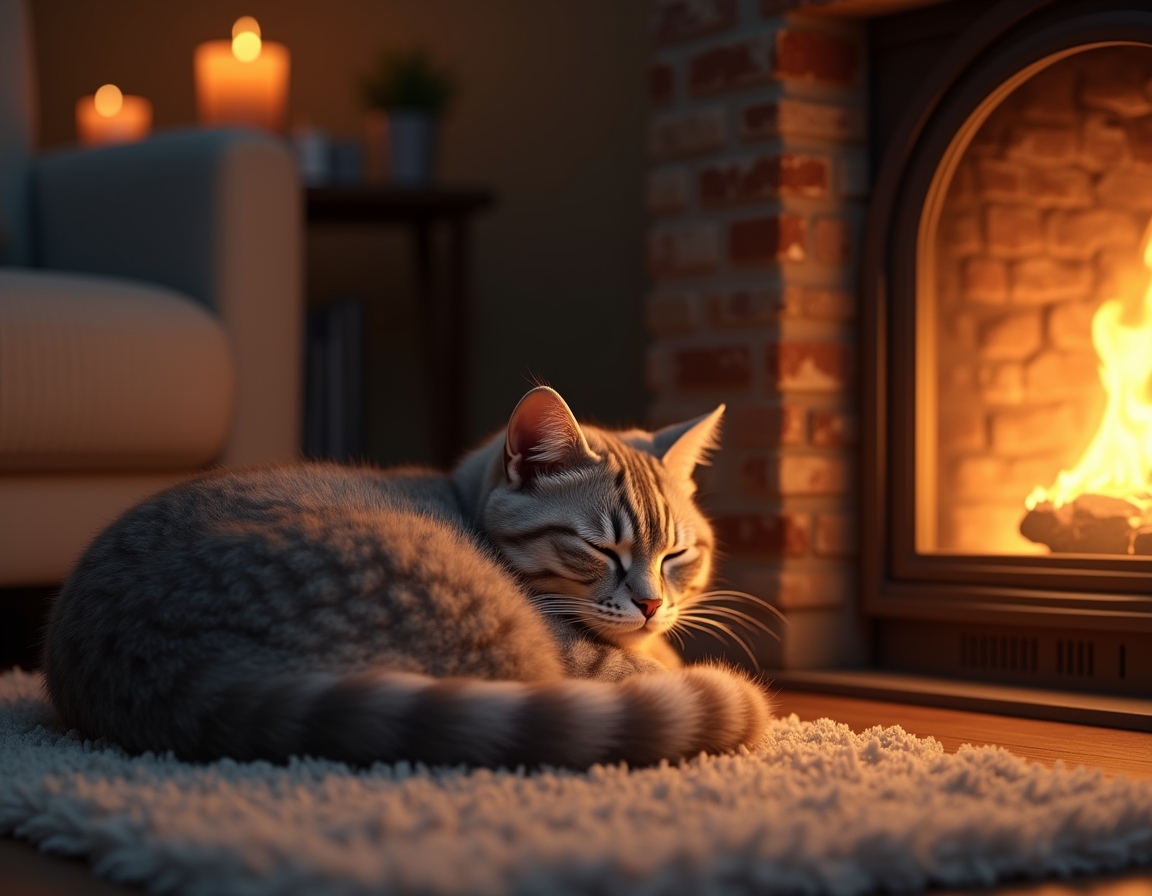 Cat is curled up on a plush rug in front of a glowing fireplace. Its fur glistens in the warm firelight, with cozy living room details like books and candles in the background.