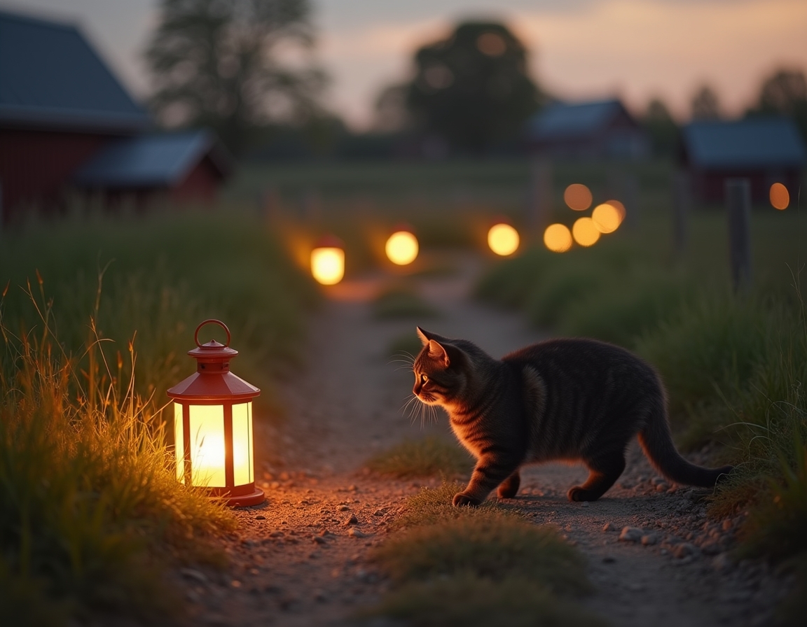 Cat enjoys a quiet walk along a farm path, illuminated by the soft glow of evening lanterns.