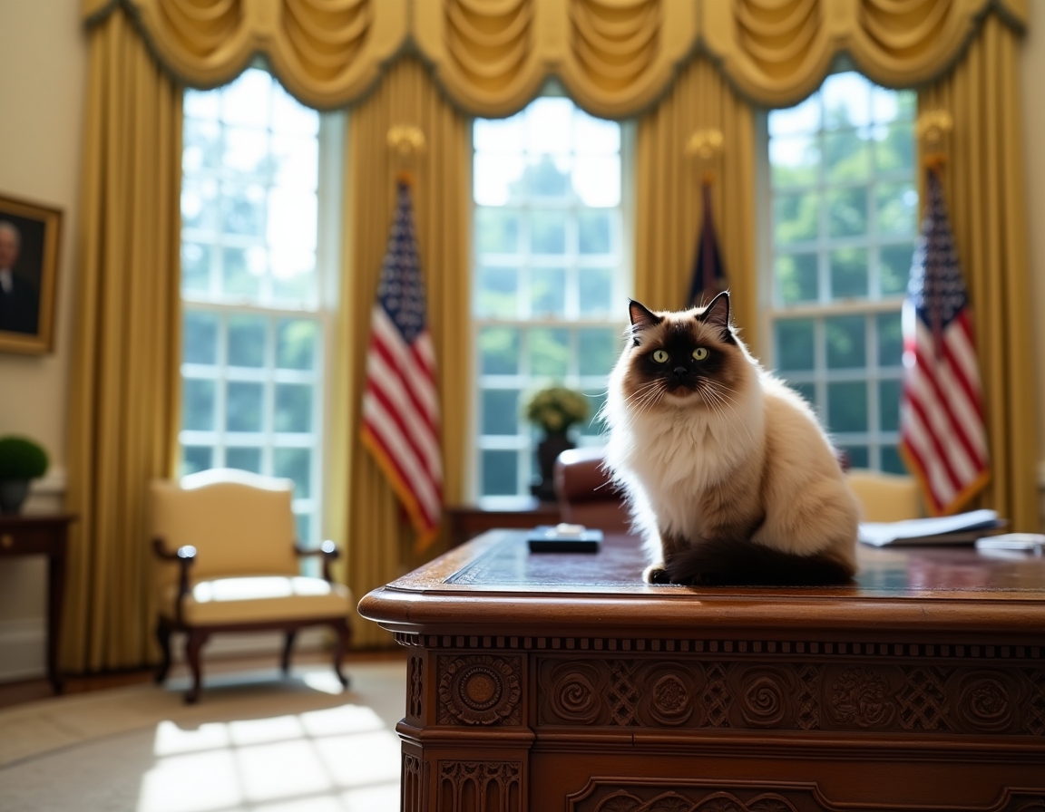 Cat perched on the Resolute Desk in the Oval Office, basking in the dignified atmosphere of the new administration.