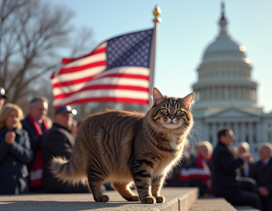 Cat on the Capitol steps during a historic inauguration, surrounded by flags and cheering crowds.