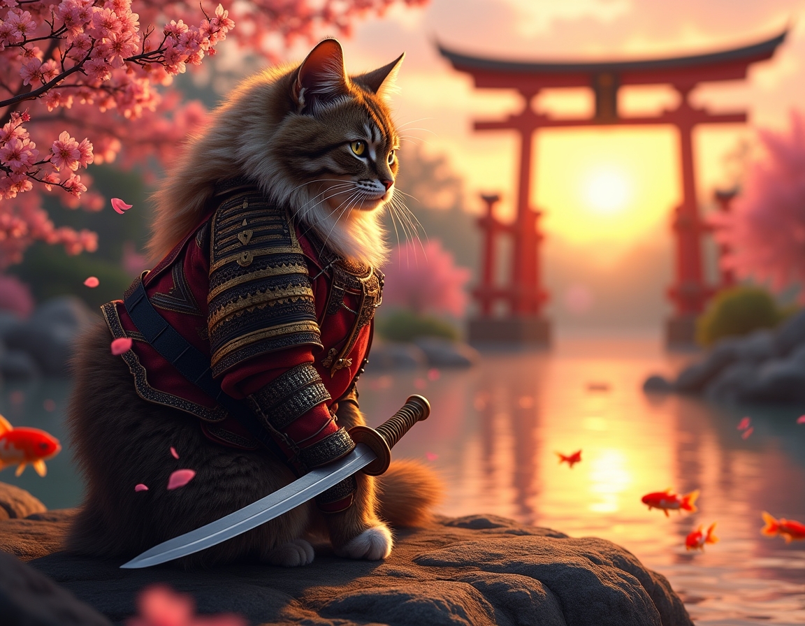 Cat dressed in ornate samurai armor sits in a serene Japanese garden at sunset. Cherry blossoms fall gently, and a koi pond reflects the golden light of the sky.