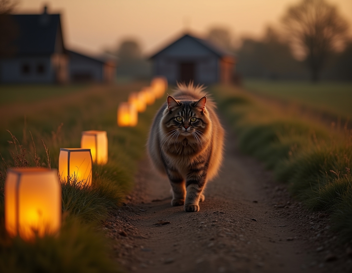 Cat enjoys a quiet walk along a farm path, illuminated by the soft glow of evening lanterns.