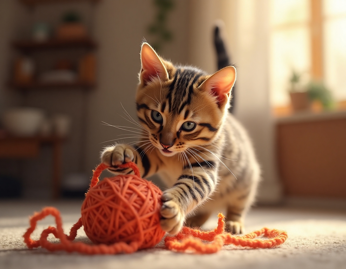 Cat pounces on a colorful ball of yarn on a wooden floor. The scene is bathed in soft sunlight streaming through a window, with a cozy room in the background.
