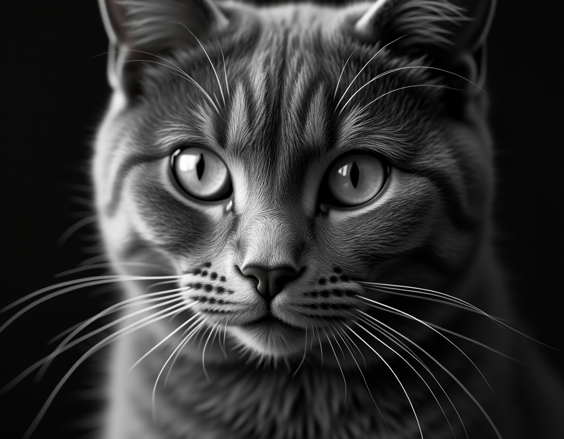 Close-up black and white studio portrait of a cat’s face, lit with soft diffused light. Every whisker, eyelash, and fur strand is rendered in hyper-detailed monochrome.