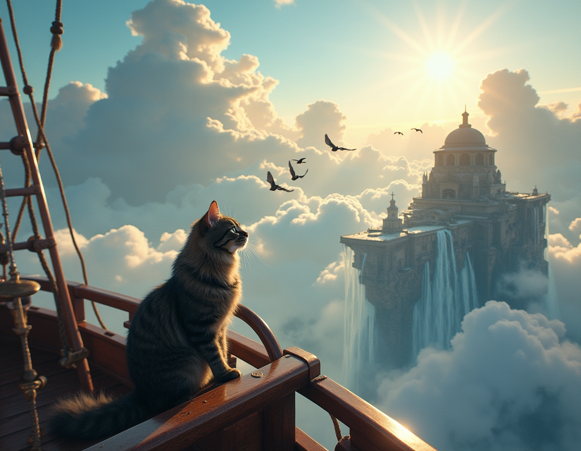 Cat captains a floating pirate ship that navigates between massive cloud-islands. Waterfalls spill over island edges, and mysterious winged creatures soar among the clouds, creating a thrilling, airborne fantasy voyage.