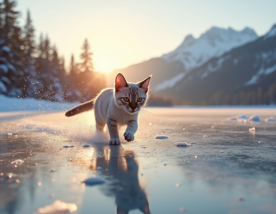 Cat enjoys a playful glide across a frozen lake, surrounded by snow-covered trees and distant mountains, with the soft glow of the setting sun reflecting off the ice.

