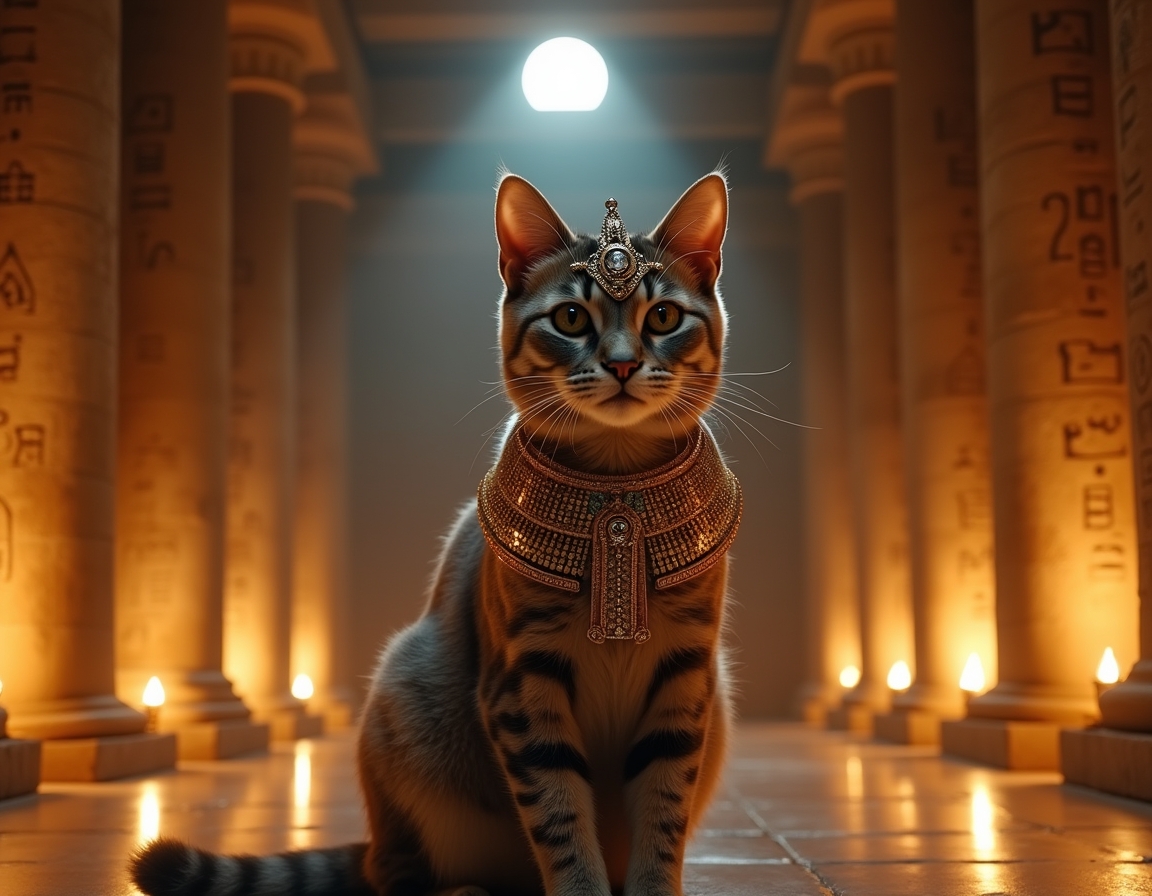 Cat dressed in luxurious golden regalia sits in an ancient Egyptian temple at night, surrounded by hieroglyphs and lit torches. The cat exudes the aura of a revered feline goddess, capturing the timeless majesty of ancient Egypt.