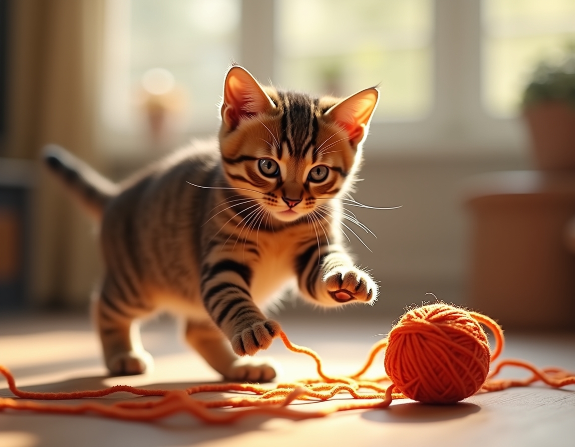 Cat pounces on a colorful ball of yarn on a wooden floor. The scene is bathed in soft sunlight streaming through a window, with a cozy room in the background.