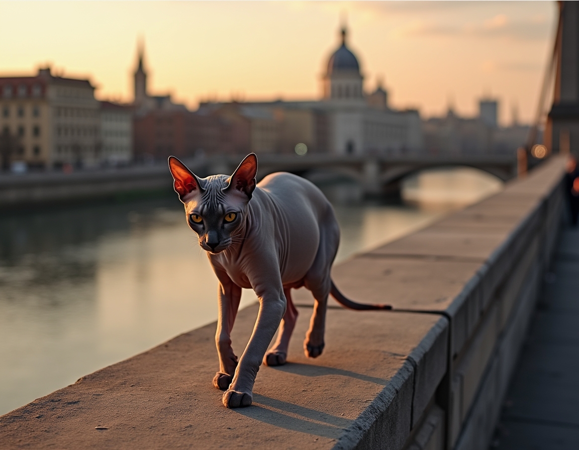Cat explores a scenic urban bridge, taking in the breathtaking views of the skyline.