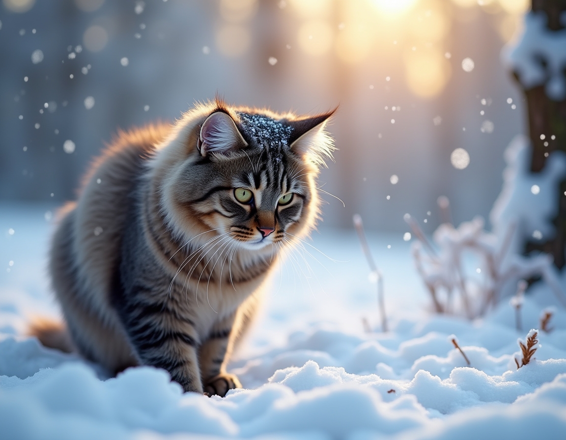 Cat explores a tranquil snowy landscape, its fur dusted with snowflakes as it observes the serene winter forest, bathed in the soft glow of the setting sun.

