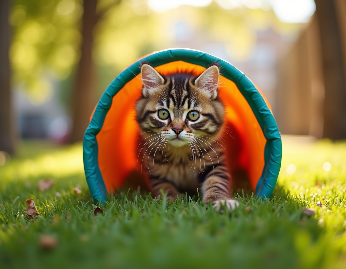 Cat explores a colorful play tunnel in a lively garden, its curious expression capturing the playful moment.