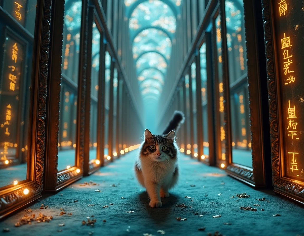 Cat navigates a maze where every surface is a magic-infused mirror, reflecting surreal visions and shifting illusions. Soft, colorful light accentuates each step, turning the labyrinth into a glittering puzzle filled with wonder and mystery.