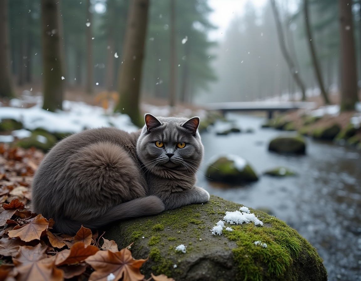 Cat relaxes on a mossy rock in a snowy woodland clearing, surrounded by snow-dusted trees and a peaceful stream, creating a tranquil moment in nature.