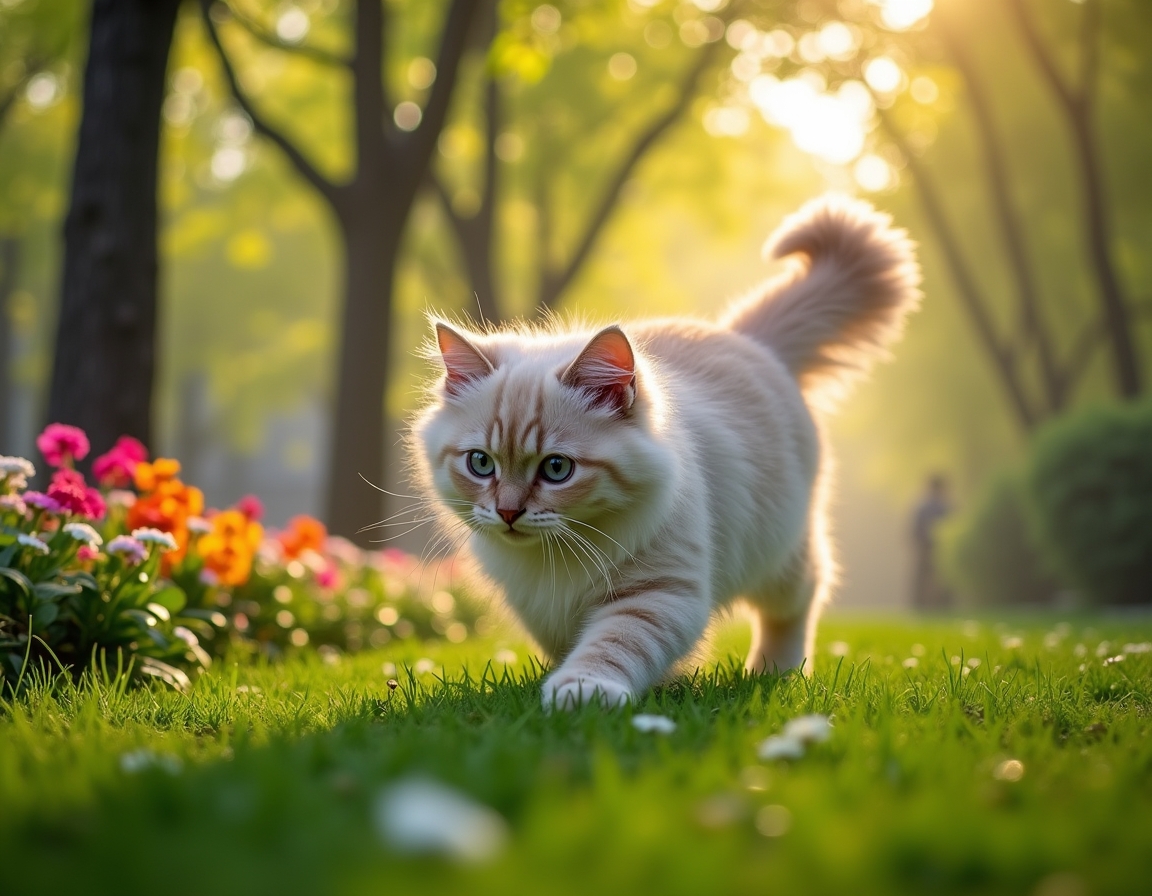 Cat enjoys a lively city park, playing and exploring the greenery amidst the urban backdrop.