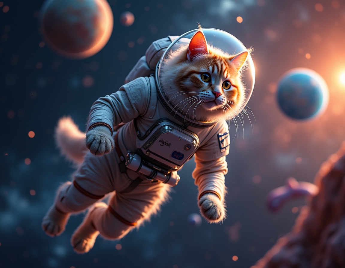 Cat floats weightlessly in space, wearing a high-tech spacesuit. Vibrant planets, shining stars, and distant nebulae create a stunning cosmic backdrop.