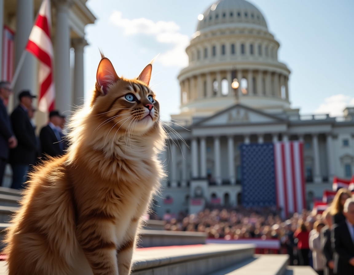 Cat on the Capitol steps during a historic inauguration, surrounded by flags and cheering crowds.