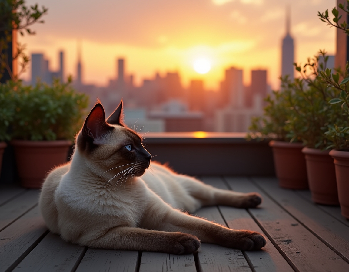 Cat relaxes on a rooftop terrace, enjoying the serenity above the urban buzz.
