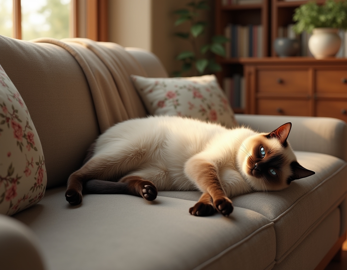 Cat sprawls lazily on a cozy couch, surrounded by decorative pillows and a draped blanket. Soft natural light from a window illuminates its fur, creating a calm, homely atmosphere.